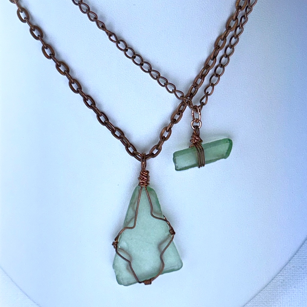 Artisan Handmade Sea Glass Copper Mommy Me Two Necklace Set Mermaid Beach 100$
